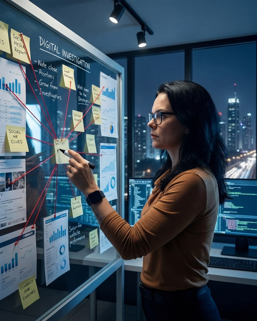 Imagem editorial de uma estrategista organizando dados e ideias em um painel digital