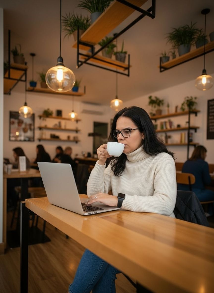 Luciana Meningue trabalhando em um notebook em um café