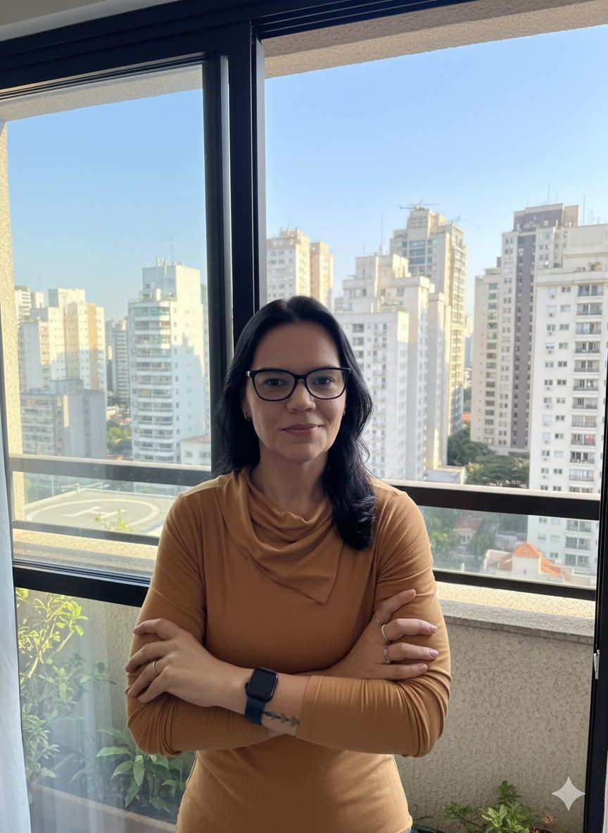 Luciana Meningue em retrato profissional com vista para a cidade